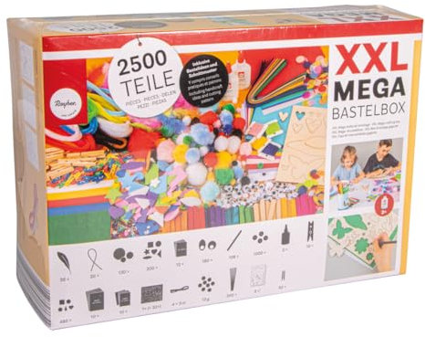 Rayher XXL-Mega-Bastelbox, 2.500 Teile, Bastelset Kinder, Kreativset, Chenilledraht, Pompons, Federn, Wackelaugen, Pailletten und vieles mehr, basteln Kindergeburtstag, 69251000