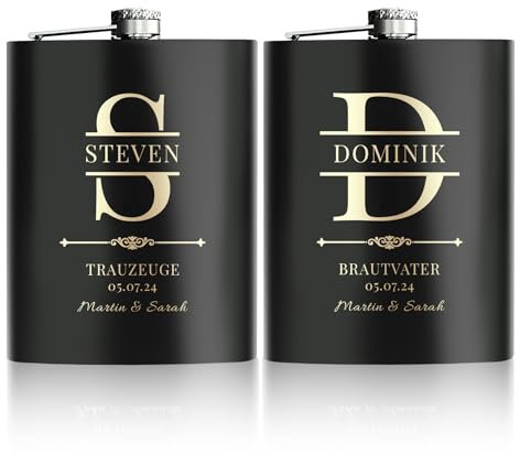 2 Pieces Personalised Hip Flasks for Groomsmen Gifts, 8oz Engraved Alcohol Flasks for Wedding, Customised Whisky Hip Flask for Bachelor Stag Party, Father of The Bride Gifts (Black)