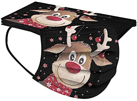 AMDOLE 10 Stück Mundschutz Erwachsene Bunt Weihnachtsmaske Schwarz mit Motiv, Einweg 3-lagig Elch Motiv Mund und Nasenschutz, Atmungsaktive Bandana Mode Geschmack Halstuch für Männer und Frauen