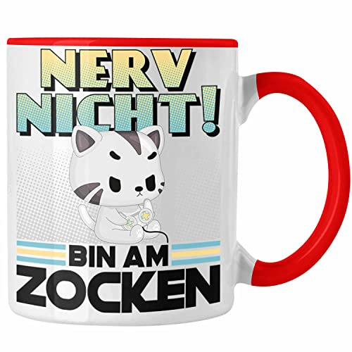 Trendation - Gamer Tasse Spruch Gaming Kaffeetasse Katze Gaming Headset Gamer Nerd Geschenkidee (Rot)