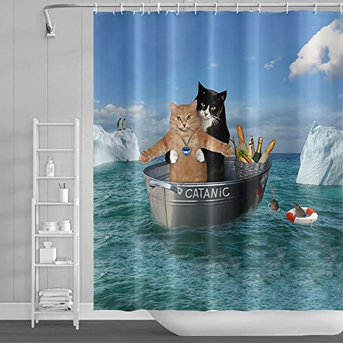SDOTPMT 122x183cm Cute Cat Shower Curtain Funny Pet Kitty Couple Cosplay Boat South Pole Penguin Bath Curtain Blue Ocean Bathtub Curtain for Kids Bathroom Fabric Polyester Waterproof with Hooks