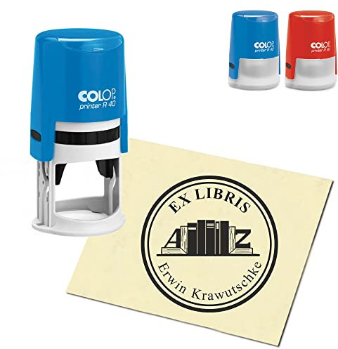 Ex Libris Stempel personalisiert rund Exlibris - A bis Z Buchstützen - 40mm COLOP Automatikstempel als Namensstempel Bürostempel