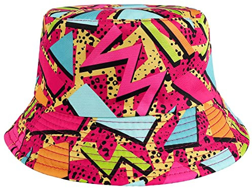 80er 90er Jahre Fischerhut Retro Geometrische Strandhüte für Männer Frauen Bunte Fischerhut Sommerhüte Lustige Hüte für Reisen Strand, Rot/Ausflug, einfarbig (Getaway Solids), Einheitsgröße