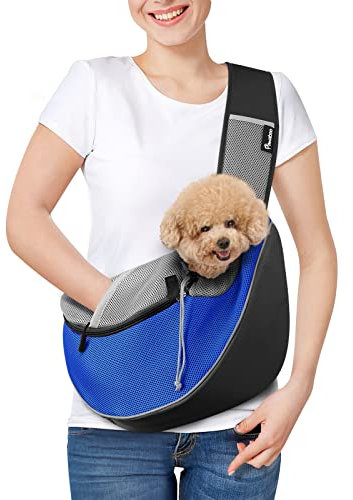 Pawaboo Hundetragetasche, Neu aufgewertet Hundetasche mit Touch-Pocket, Verstellbare Tragetasche Hund, Haustier Umhängetasche Transporttasche für Haustiere für Outdoor Reisen - M, Blau