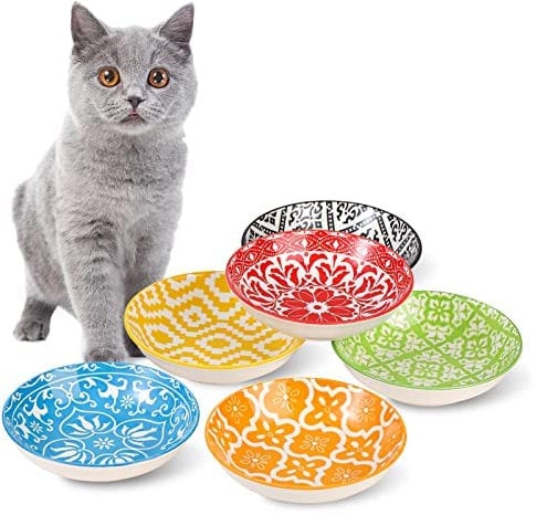 Katzen Futternapf Napf Katze Keramik - Bunte Katzennäpfe 6er Set - Katzennapf Porzellan - Fressnapf Katze - Futterschale Katze - Katzenschüssel - Katzenteller Flach - Katzenfutter Napfset - 250 ml