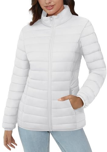 MAGCOMSEN Puffer Jacket for Women Lightweight Quilted Padded Jacket Pockets Stand-collar Full Zip Long Sleeve Coat, White L