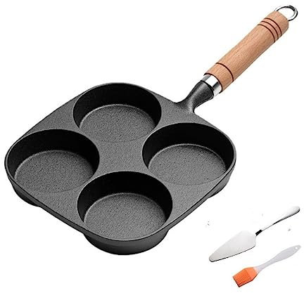YAOYAOLING Poêle à omelette, poêle à œufs 4 tasses, poêle à œufs en fonte, casserole à 4 trous avec fond plat, compatible cuisinière à gaz et poignée en bois compatible induction
