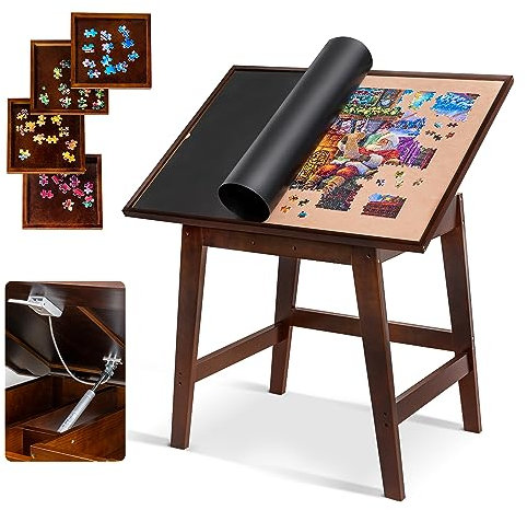 Becko US 1500 PC Kippbarer Puzzletisch mit Beinen, Verstellbares Puzzlebrett mit 4 Holztabletts & schwarzer Abdeckung, verbesserter Kippmechanismus für einfache Anpassung, innerer Stauraum für