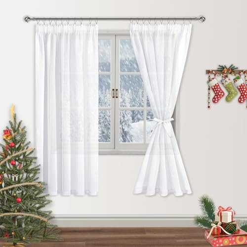 DWCN Voile Vorhänge mit Kräuselband Leinenoptik 2 Stücke Halbtransparent Vorhänge für Wohnzimmer,Durchsichtige Gardinen,Weiß,175x140cm (Höhe x Breite)