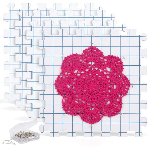 Blocking Mats for Knitting, Aeelike Knitting Blocking Mats and Pins Set, 4 Pack 11 inch Thick Crochet Blocking Boards Mat with Grids and 100 T pins, Large Foam Blocking Mats for Crochet Granny Squares