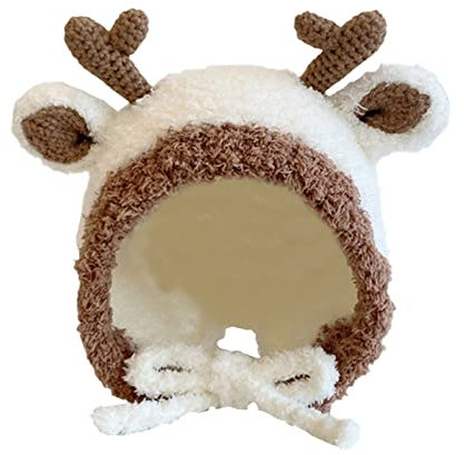 QWUVEDS Baby Mütze Herbst und Winter niedliche Hirschhorn Gehörschutz Strickmütze Winter Jungen und Mädchen schnüren Wollmütze Lammfell Mütze Festival Hut (White, one Size)