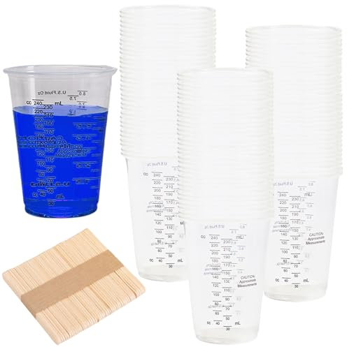 Molbory 50 vasos medidores de resina epoxi, 230 ml, juego de 50 unidades de agitador de madera, vaso medidor de plástico pequeño, vaso de mezcla de pintura, vaso mezclador de pintura para líquidos,