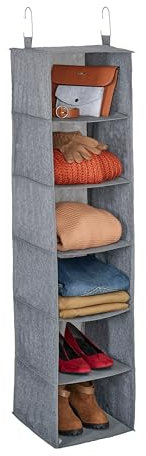 Relaxdays Kleiderschrank Hängeregal, 6 Fächer, Stoff, HBT: 131 x 30 x 30 cm, 2 Haken, Schrankaufbewahrung hängend, grau