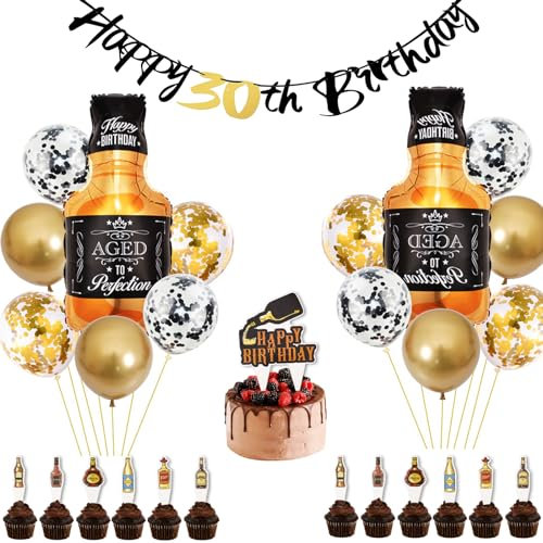 ALEGRE® 30 Geburtstag Männer Deko,30 Geburtstag Deko Schwarz Gold, Deko 30 Geburtstag Mann Set mit Luftballons Geburtstag 30, Tortendeko Geburtstag und 30 Happy Birthday Girlande, 30. Geburtstag Deko