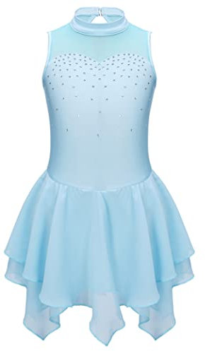 Kvysinly Glitzer Mädchen Eiskunstlauf Kleid mit Strass Tanzkleid Kürkleid Rollkunstlauf Balletkleid Tanz Training Wettbewerb Outfit Hellblau A 134-140