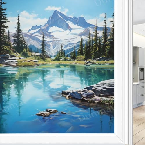 Fensterfolie, Motiv: Aquarell, Seeblick, Blau, Wasser, Natur, Berge, Bäume, statische Haftung, Fensterfolie, Fenster, Fenster, Glas, dekorative Türabdeckung, Sonnenschutz, 45 x 60 cm