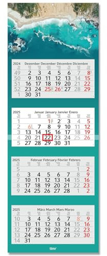 Timr 4-Monatskalender 2025 Meer von oben I Wandkalender 4 Monate I 33 x 90 cm I mehrsprachig D/GB/F/ES Jahresplaner mit Schieber I Mehrblatt-Kalender Meer Strand blau I tr251
