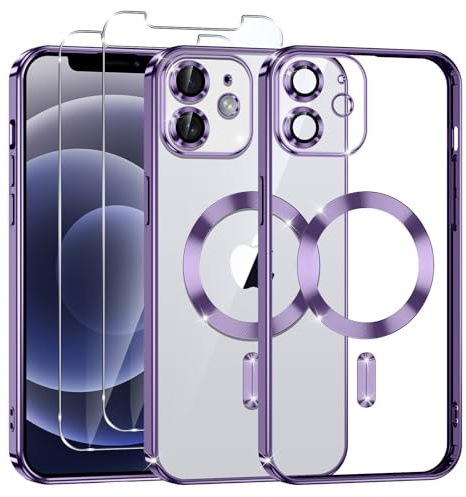 Phoona Cover Placcatura per iPhone 12 6,1 Pollici, Obiettivo per Fotocamera Protezione Completa e 2 × vetro temperato, Compatibile con MagSafe Ricarica Wireless, Protezione Militare, Viola