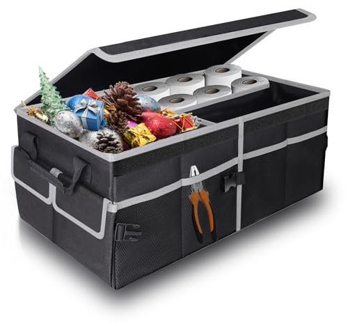 YBCPACK Organizer per bagagliaio dell'auto, 60 l, con coperchio, impermeabile e pieghevole, con velcro antiscivolo, 3 livelli e tasche laterali, organizer per auto in materiale Oxford, per campeggio,