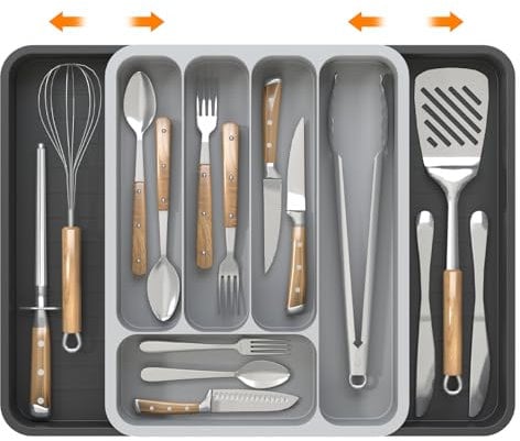 KeZaara Portaposate da Cassetto 45 cm, Espandibile Porta Posate Cucina Cassetto (36,2 × 47 × 5 cm), Con 7 Scomparti, Adatto Cucchiai, Forchette, Coltelli, Grigio &Nero