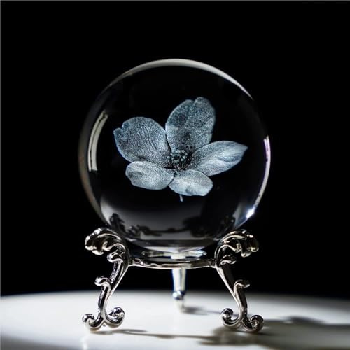 vskikris 60mm Kristallkugel 3D Laser Kirschblüten Figur - Glas Briefbeschwerer & Dekorative Kugel mit Ständer - Glaskugel Ornamente für Zuhause & Büro Dekor, Geschenke für Frauen Mädchen Frau Tochter