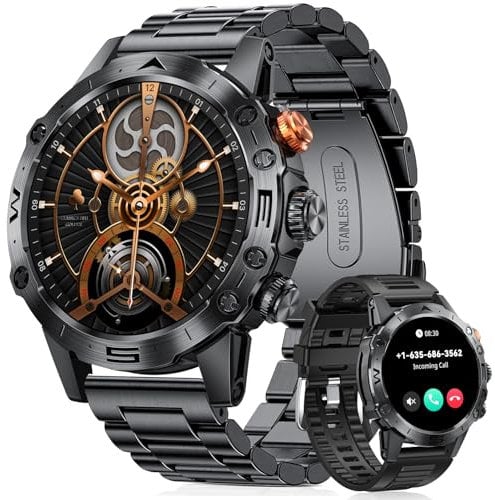 DekeFit Militär Smartwatch Herren mit Telefonfunktion, Lange Akkulaufzeit, IP68 Wasserdicht, 1.53'' IPS Touchscreen 120+ Sportmodi Outdoor Fitnessuhr, Herzfrequenz, Schlafmonitor, Android iOS Schwarz