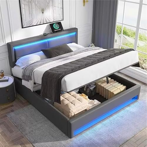 BTM King Size Bed with Storage, LED Lighting and USB Port (Wireless & Wired Charging), PU-Lychee King Bed Frame with Adjustable Headboard, No Mattress, 5ft-150x200cm