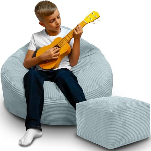 DreamRoots Sitzsack Erwachsene Cord oder Kinder - Bean Bag Sofa - Sitzsack Cord mit Hocker und Bezug - Sitzsäcke mit Füllung 70x70x70 cm Green Lily