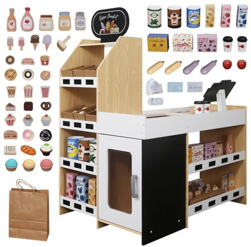 Kaufladen aus Holz Supermarkt Spielladen Registrierkasse Geld Zubehör Kinder Kaufmannsladen 83 cm x 62,5 cm x 107 cm