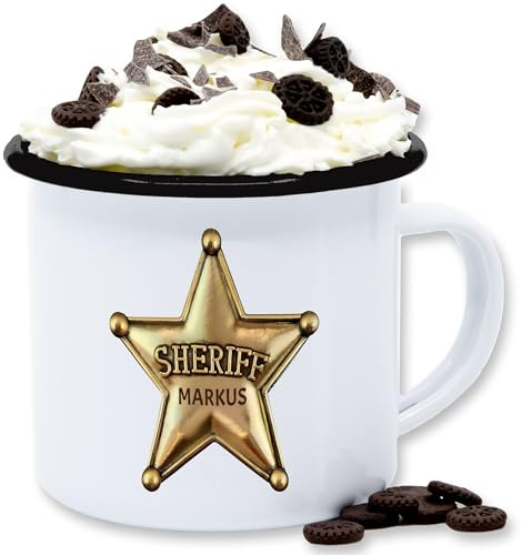 Shirtracer Emaille Tasse personalisiert Sheriff Stern mit Name | Weiß Schwarz, 300 ml, Kaffeebecher, Karneval, Rosenmontag, Narren, Kamelle, Fastnacht, Fasching, Verkleidung, Narrenzeit