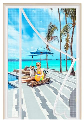 Magnétique Moustiquaire Porte Blanc 75x185cm Moustiquaire Baie Vitree Coulissante Magnétique Avec Aimants et Bande Adhesive Sans Percer pour porte Cave Terrasse
