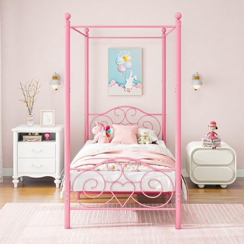 HAHRIR Single Canopy Bed Frame Platform with Vintage Headboard, Pink | 90x190cm Single Canopy Bed Frame, 3ft Metal Bed with Heart Scroll Headboard & Footboard, Steel Slats for Small Bedrooms