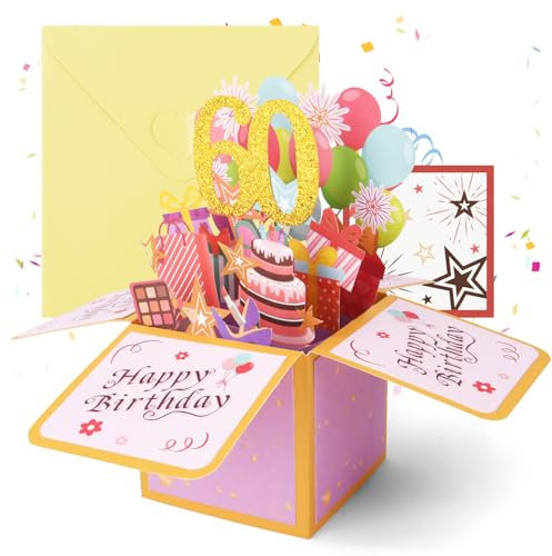 OFFCUP 60. Geburtstagskarte 3D Grußkarte zum 60. Geburtstag Pop Up Karte mit Umschlag Happy Birthday Geburtstagskarten Geburtstagsgeschenk für Frauen Kinder Freundin Männer (Gold Pink)