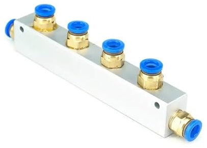 VAYEODEYU Distribuidor de aire, Bloque de colector neumático de 4 vías y 6 puertos con acopladores de 8 mm de diámetro exterior, G1/4'', aluminio y latón, paquete de 7