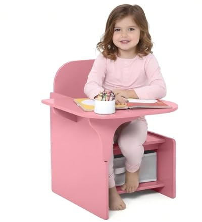 MeJa Kids Table & Chair Set, Children's Wooden Writing Desk Set with Storage Bin, Junior Toddler Study Table & Chair for Ages 3+, 2 in 1 Children's Furniture Boys & Girls Gift, Pink