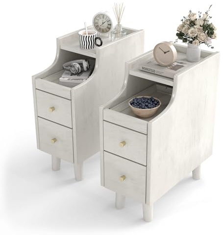 COSTWAY Slim Bedside Table, Solid Wood Nightstand End Sofa Side Table with 2 Drawers, Pull-out Tray and Cable Hole, Narrow Bedside Cabinet Storage Unit for Small Space, Living Room, Bedroom (2, White)