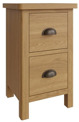 Ravendale Oak 2 Drawer Bedside Cabinet – Rustic Solid Wood Nightstand with Cup Handles, Fully Assembled Bedroom Furniture, 36cm Wide