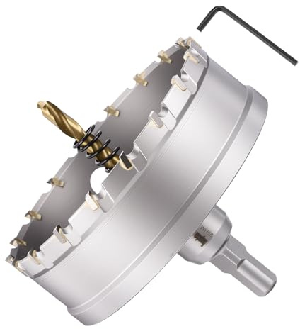 METALLIXITY Hole Saw 95mm 3-3/4 Tungsten Carbide for Metal Silver | Heavy Duty Hole Cutters with Center Drill Bit Hex Key Spring for Thick Stainless Steel Steel Plates