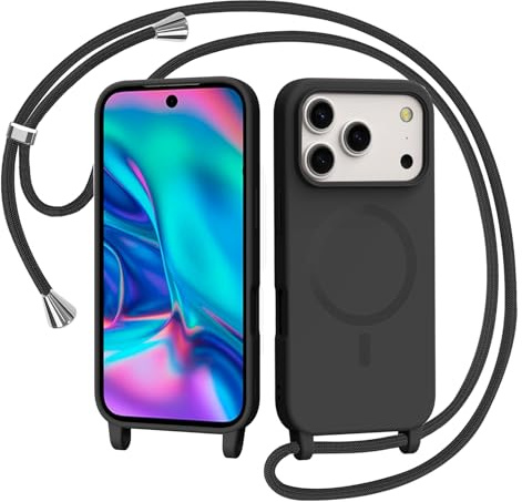 AOMYKE Handyband für iPhone 17 Pro Hülle mit Band, Magnetisch Handyhülle kompatibel mit Magsafe zum Umhängen Schutzhülle mit Kette Kordel Weich TPU Silikon Case，Schwarz