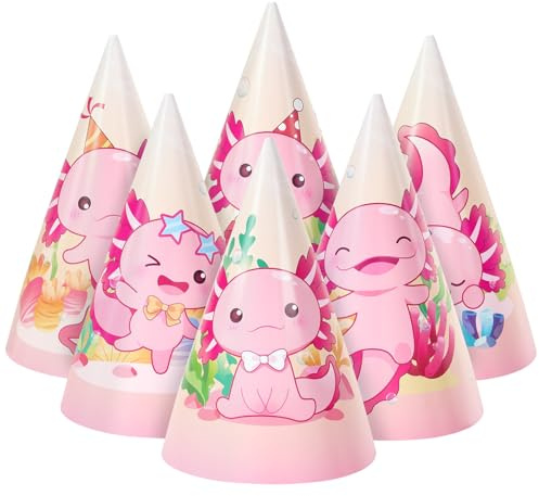 WERNNSAI Axolotl Party Hats - Pack of 12 Axolotl Birthday Party Hats Girls Kids Pink Paper Crown Hat Birthday Cone Hats Reptile Birthday Party Decoration Paper Headwear