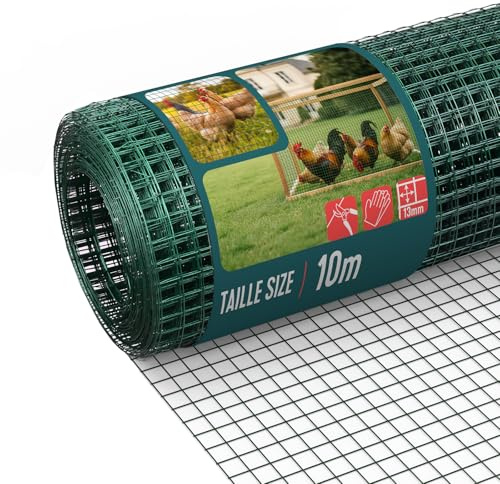 VOUNOT® PVC Coated Welded Wire Mesh Roll 1 x 10m, 13mm Mesh, 0.8mm Wire Thickness, Metal Garden Fencing for Small Animals, Poultry, Chicken Coop, Green