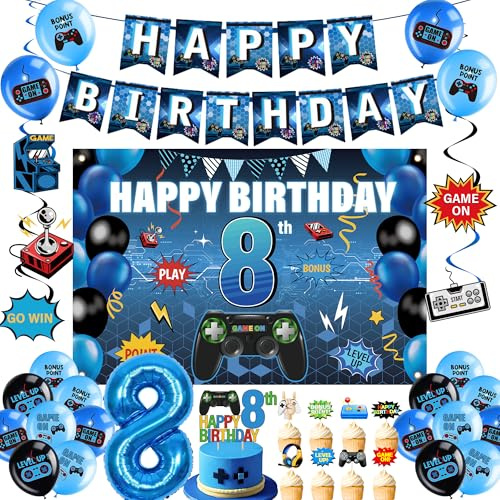 Videospiel Geburtstagsdeko Junge 8 Jahre - 31 Stück Deko für Jungen | Blau Schwarz Gaming Deko mit Banner Ballons Zahl 8 für Spielthemen Geburtstag Party