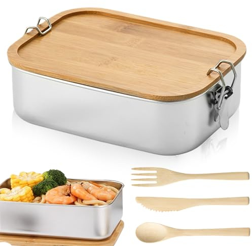 Edelstahl Brotdose 1200ml, Bento Lunchbox für Erwachsene & Kinder, Auslaufsichere Lunchbox mit Holzdeckel, BPA-frei & Plastikfrei, Brotzeitdose mit Geschirr für Schule, Arbeit, Kindergarten & Ausflüge