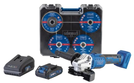 Scheppach Akku Winkelschleifer C-ATB15/1-X mit Koffer & 15 Schleifscheiben | Scheiben-Ø 125 mm | Drehzahl 2500‒10.000 min-1 | Softstart & Überlastschutz | 20V-IXES-Serie | mit 2Ah Akku & Ladegerät