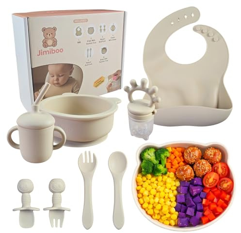 Vajilla Bebé Silicona BLW Completa con Ventosa – Set Alimentación Complementaria 6 Meses+, Plato y Bol Antideslizantes, Babero Ajustable, Vaso Pajita Antiahogo y Chupete Fruta de Regalo, Libre de BPA