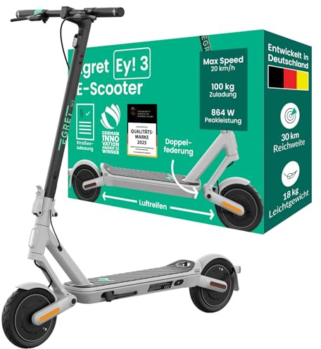 Egret Ey! 3 E Scooter mit Straßenzulassung, Elektroscooter, Luftreifen, 30 km Reichweite, App-Steuerung (Ey! 3 Bis 30Km Reichtweite)