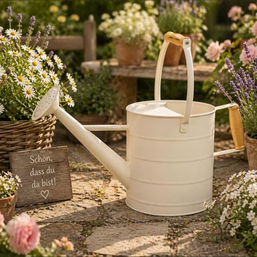 Mojawo Dekorative Gießkanne Kanne Blechkanne Metallkanne Wasserkanne Garten bewässern Vintage Creme 3,5 Liter