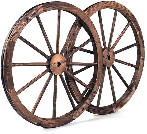COSTWAY 2er Set Wagenrad Holz, Holzrad mit Eisenblech, altes Wagen Dekorad, Western-Stil, Holzwagenrad Vintage, dekorative & rustikale Dekoration für Garten Bar Garage, Ø76 x 3,5 cm, Braun