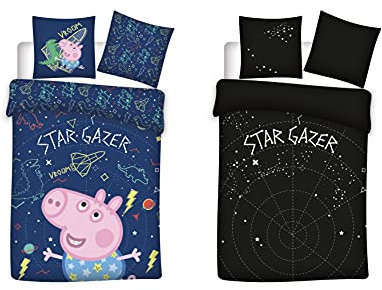 BrandMac Peppa Wutz Bettwäsche 100x135 40x60 „Star Gazer“ mit George – Peppa Pig Kinderbettwäsche zum Wenden - Leuchtet im Dunkeln - Kopfkissen- und Bettdeckenbezug aus 100% Baumwolle