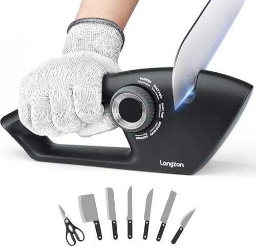 longzon Knife Sharpener 5-in-1 Manual Sharpening Tool with Cut-Resistant Glove, for Kitchen Knives, Serrated Knives, Scissors, and Pocket Knives – Safe and Easy to Use
